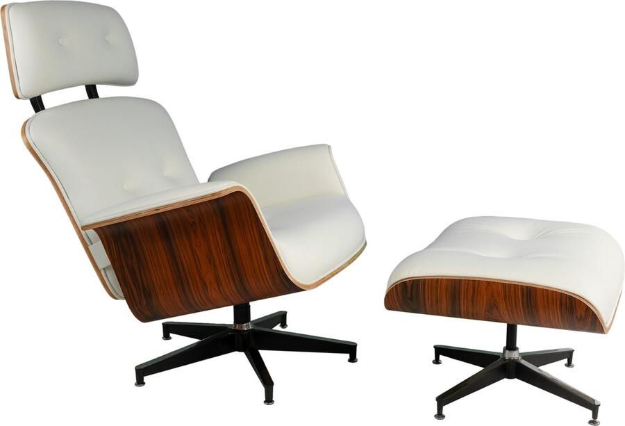 Meubilair Lounge Chair XL met Extra hoge rugleuning + Hocker Wit Palissander Meubi Fauteuil Set