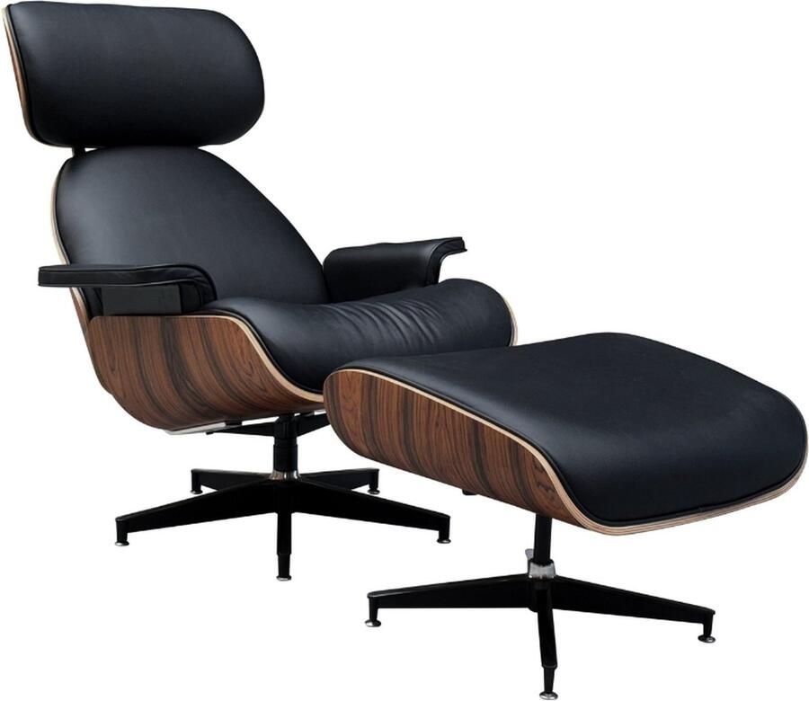 MEUBI Lounge Chair + Hocker Zwart Leer Palissander Fauteuil Relaxfauteuil Stoel Zetel Armchair Lounge stoel Draaifauteuil - Foto 2