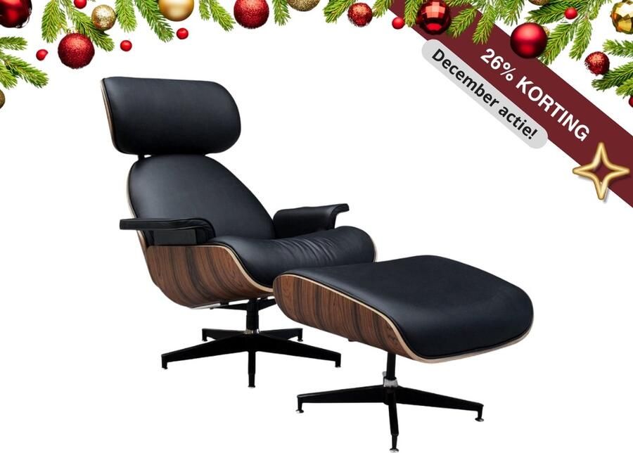 MEUBI Lounge Chair + Hocker Zwart Leer Palissander Fauteuil Relaxfauteuil Stoel Zetel Armchair Lounge stoel Draaifauteuil