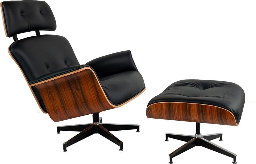 MEUBI Lounge Chair + Hocker Zwart Palissander Fauteuil Relaxfauteuil Stoel Leer Armchair Zetel Lounge stoel Draaifauteuil - Foto 2