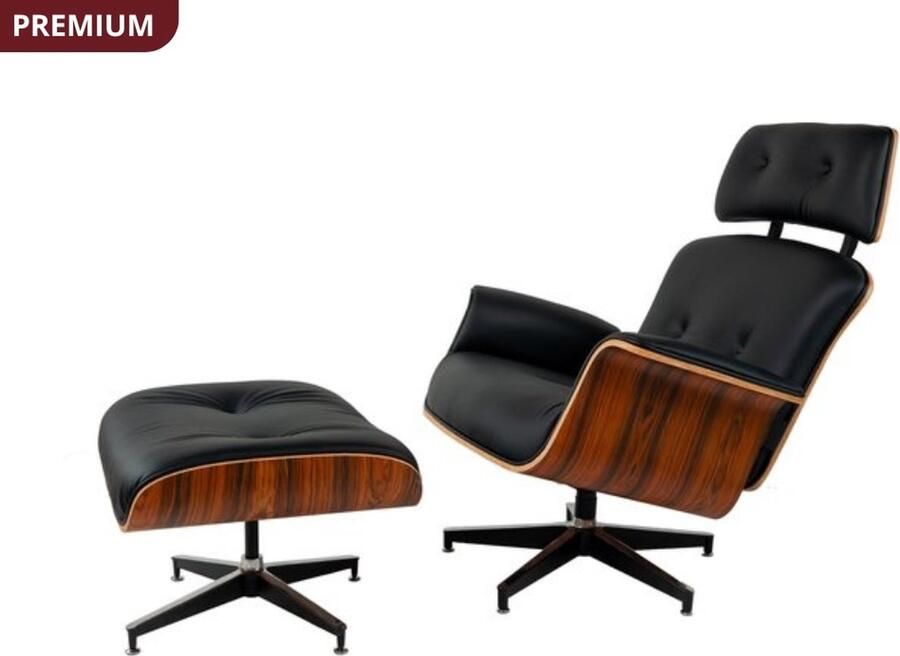 Meubilair Lounge Chair XL met Extra hoge rugleuning + Hocker Zwart Italiaans Leder Palissander Premium Meubi Fauteuil Set - Foto 2