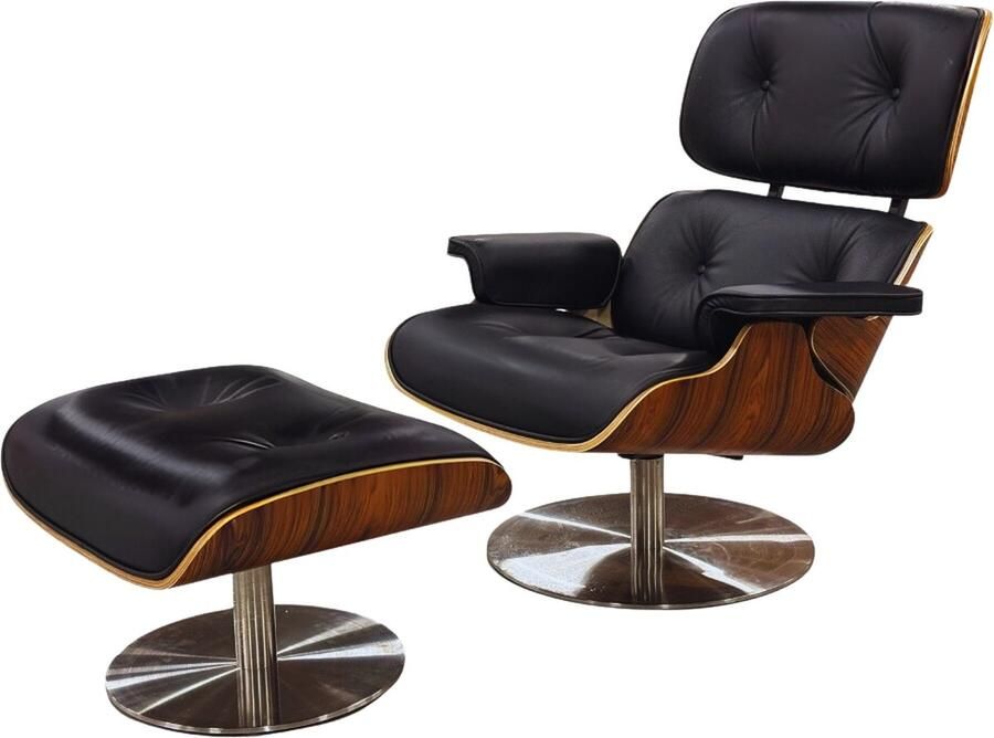 MEUBI Lounge Chair + Hocker Coffee Chair Draaifauteuil Ronde voet Zwart Palissander Leer RVS