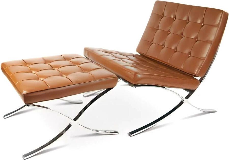 Meubilair Barcelona Chair + Hocker Cognac Bruin Design Fauteuil Stoel Zetel Lounge Leer Premium - Foto 3