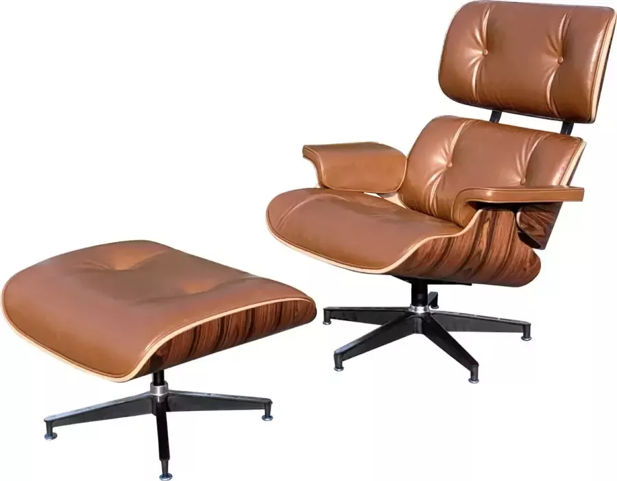 Meubilair Lounge Chair + Hocker XL Cognac Bruin Leer Fauteuil Palissander Stoel Relaxfauteuil Set