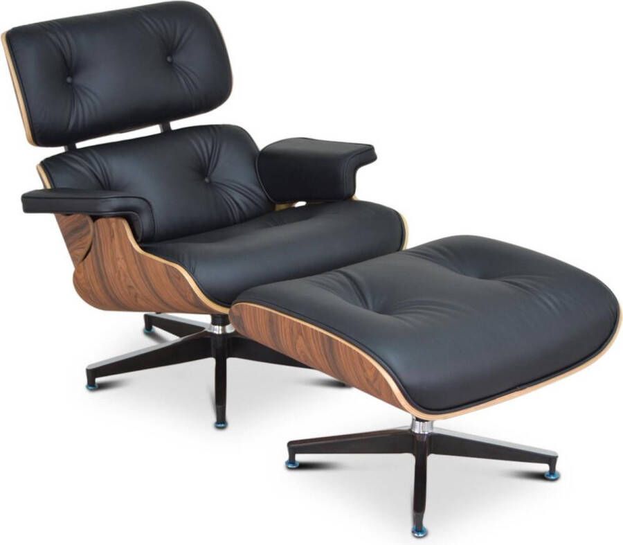 Meubilair Lounge Chair + Hocker XL Zwart Leer Fauteuil Palissander Stoel Set