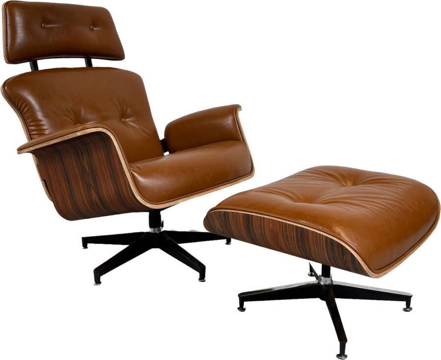 Meubilair Lounge Chair XL met Extra hoge rugleuning + Hocker Cognac Bruin Palissander Meubi Fauteuil Set