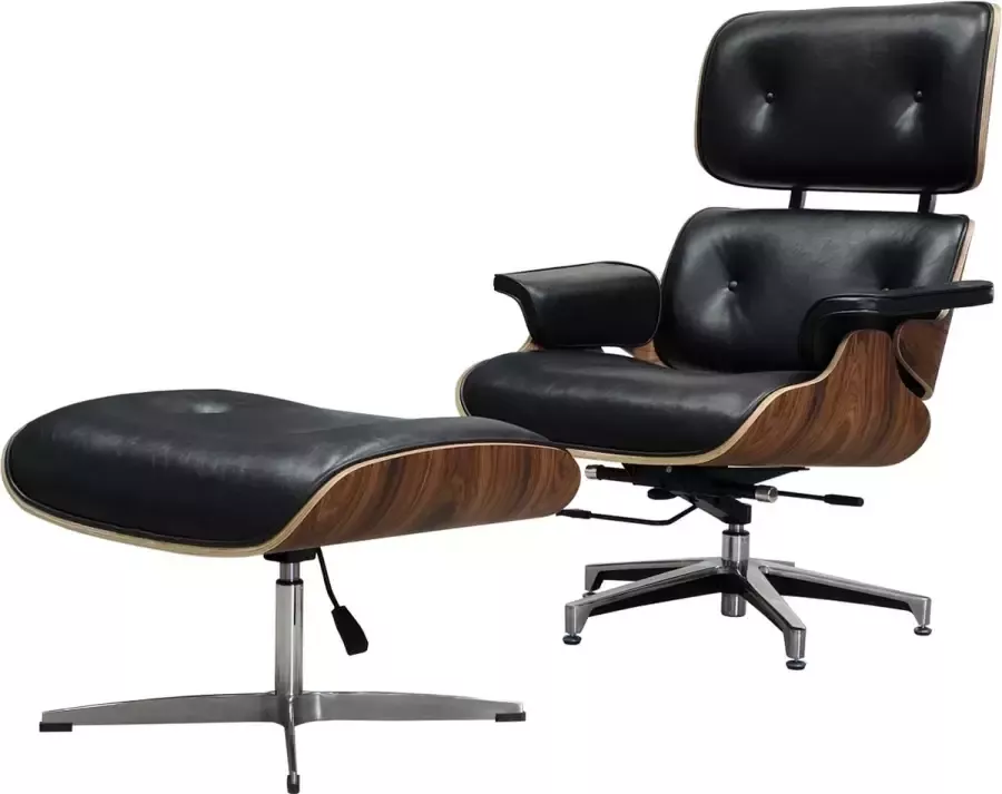 Meubilair Lounge Chair XL + Hocker Kantelmechanisme Verstelbaar Zwart Italiaans leder- Fauteuil Palissander Set -Premium