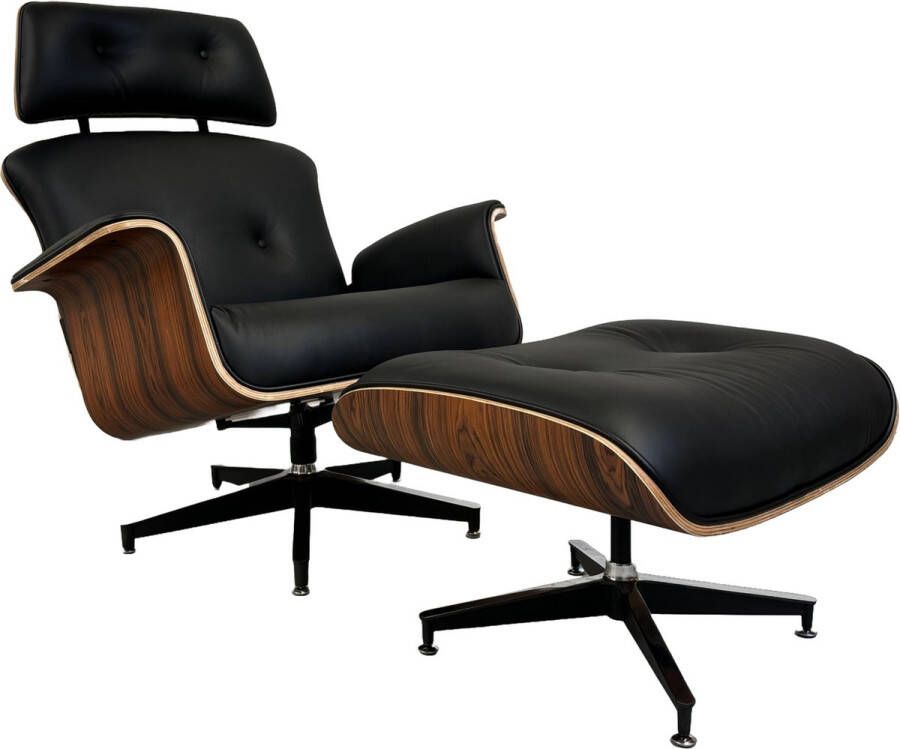 Meubilair Lounge Chair XL met Extra hoge rugleuning + Hocker Zwart Italiaans Leder Palissander Premium Meubi Fauteuil Set