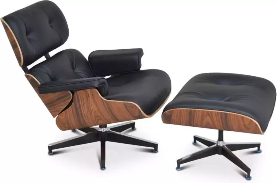 Meubilair Lounge Chair + Hocker XL Zwart Leer Fauteuil Palissander Stoel Set - Foto 2