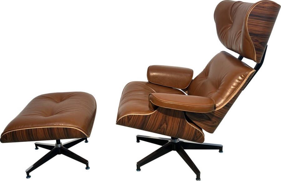 Meubilair Meubi Lounge Chair + Hocker Cognac Bruin Fauteuil Palissander Set