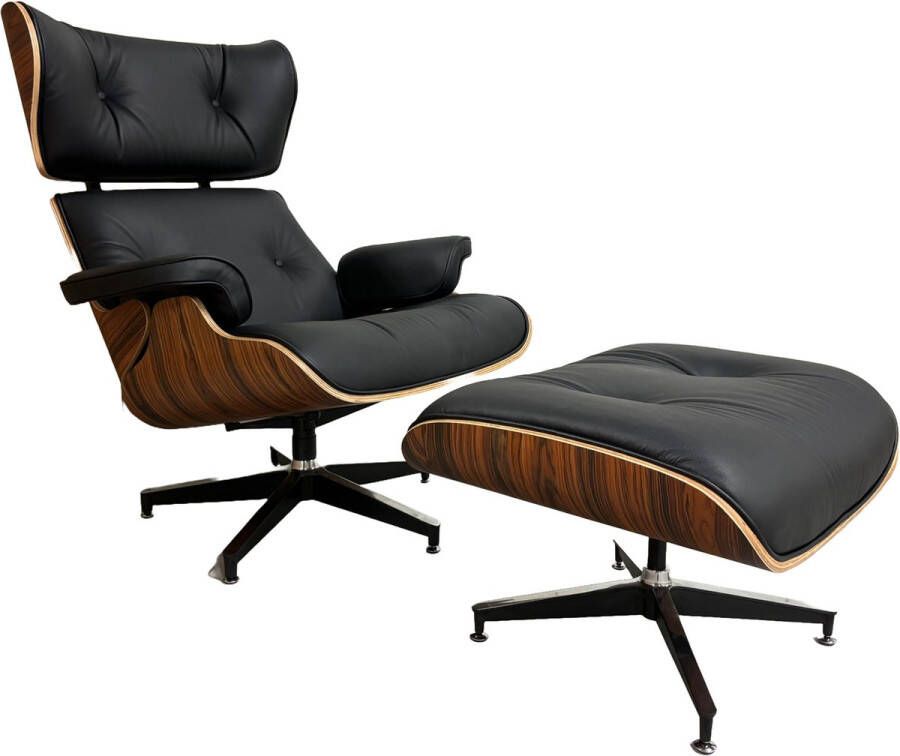 Meubilair Meubi Lounge Chair met hocker XL Zwart Italiaans leder Fauteuil Stoel Palissander Set - Foto 1
