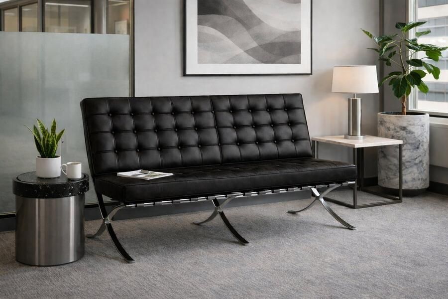 Meubilair Barcelona Chair Zwart Leer Fauteuil Stoel Loungestoel Twee personen Wachtruimte stoel 2-zits Wachtkamer - Foto 3