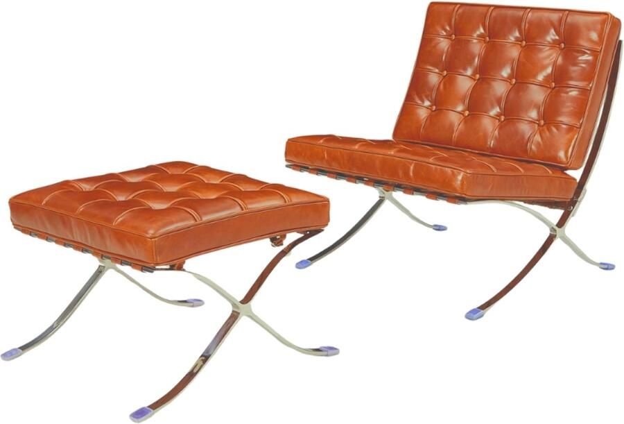 Meubilair Barcelona Chair + Hocker Cognac Bruin Design Fauteuil Stoel Zetel Lounge Leer Premium - Foto 2