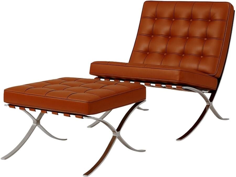 Meubilair Barcelona Chair + Hocker Cognac Bruin Design Fauteuil Stoel Zetel Lounge Leer Premium