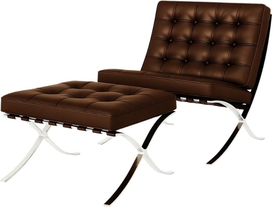 Meubilair Barcelona Chair + Hocker Donkerbruin Fauteuil Stoel Luxe Variant