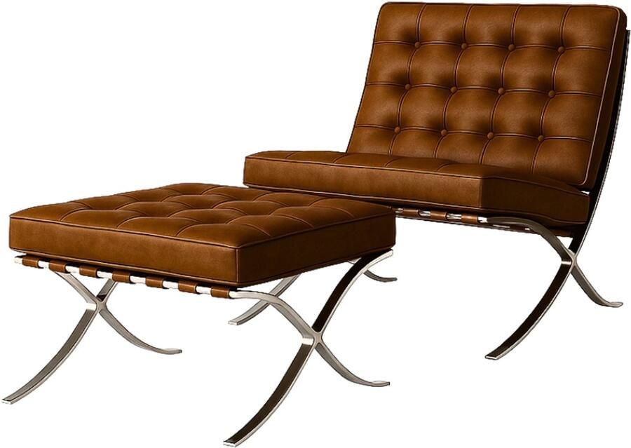 Meubilair Barcelona Chair + Hocker Vintage Bruin Design Fauteuil Stoel Zetel Lounge Suede Leer Premium