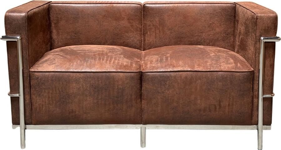 Meubilair Design Bank 2 Zits Vintage Bruin Suede Leder RVS Lounge Sofa