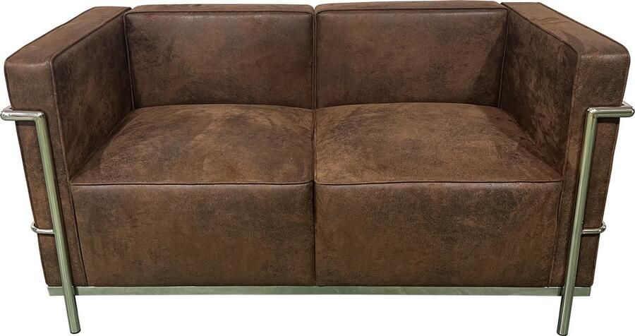 Meubilair Design Bank 2 Zits Vintage Bruin Suede Leder RVS Lounge Sofa - Foto 2