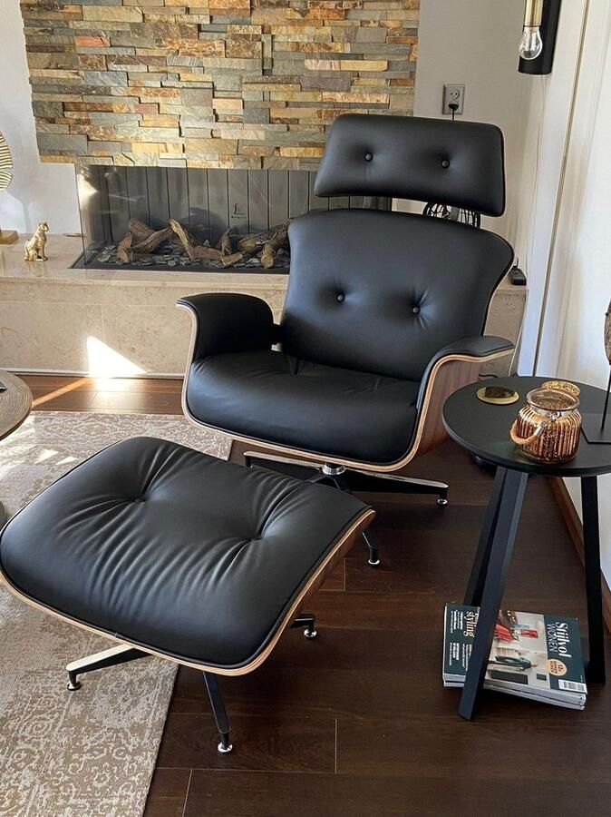 Meubilair Lounge Chair XL met Extra hoge rugleuning + Hocker Zwart Italiaans Leder Palissander Premium Meubi Fauteuil Set