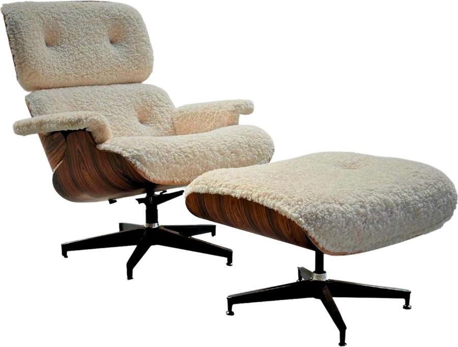 Meubilair Lounge Chair XL + Hocker Teddy stof Wit Palissander Relaxfauteuil Loungestoel Fauteuil - Foto 2