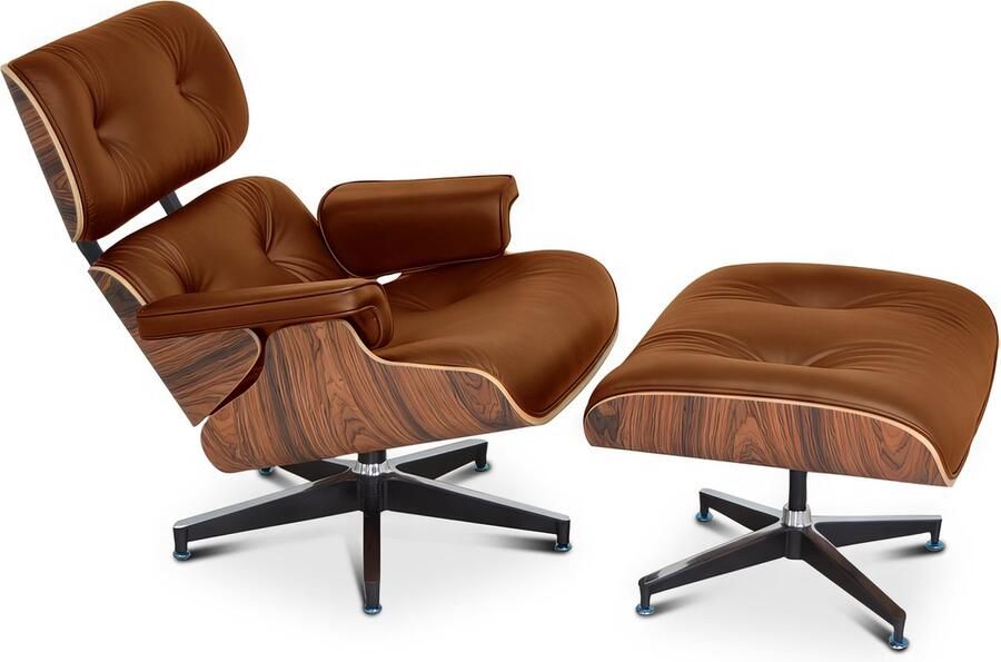 Meubilair Lounge Chair + Hocker XL Cognac Bruin Leer Fauteuil Palissander Stoel Relaxfauteuil Set