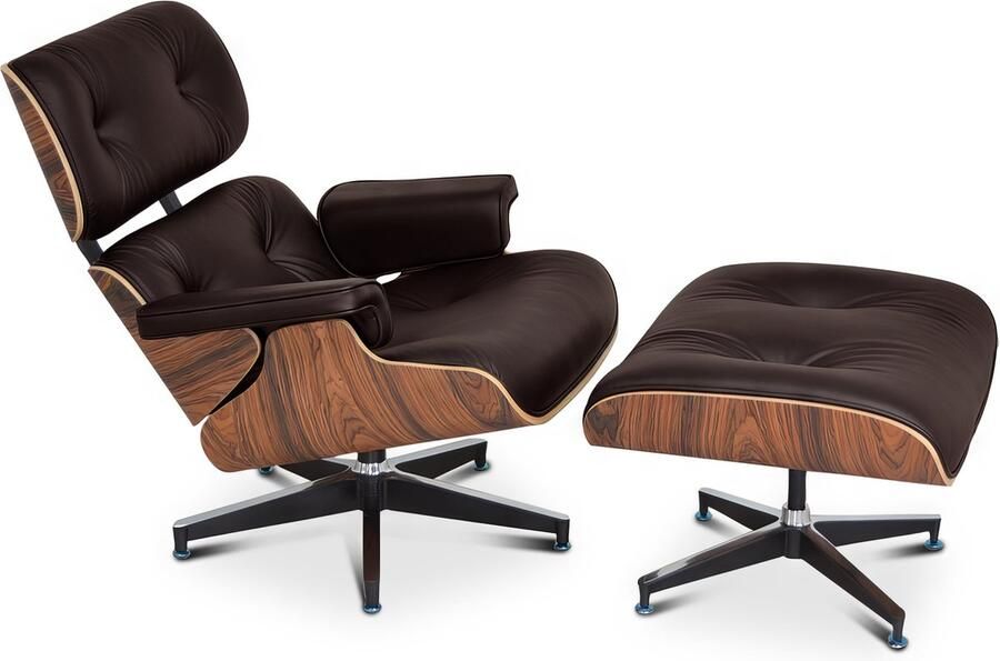 Meubilair Lounge Chair + Hocker Mokka Bruin Palissander Leer Set Relaxfauteuil Loungestoel