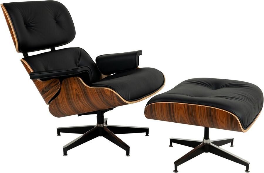 MEUBI Chair met hocker Zwart Palissander Fauteuil Relaxfauteuil Lounge Chair Leer Chrome onderstel Draaifauteuil - Foto 3