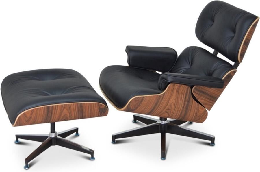 Meubilair Lounge Stoel + Ottoman Zwart Leer Palissander Lounge Chair Fauteuil Relaxfauteuil