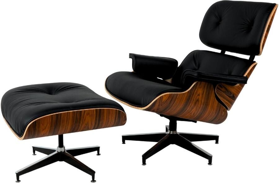 Meubilair Lounge Chair XL + Hocker Italiaans leer Zwart Palissander Fauteuil Relaxfauteuil Lounge stoel