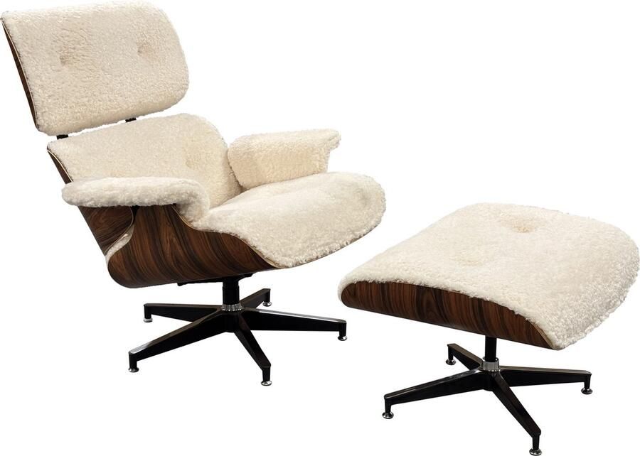 Meubilair Lounge Chair XL + Hocker Teddy stof Wit Palissander Relaxfauteuil Loungestoel Fauteuil
