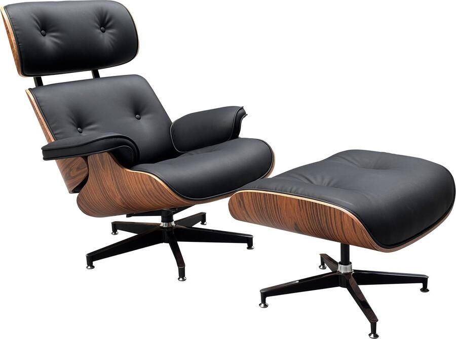 Meubilair Lounge Chair XXL + Ottoman Zwart Leer Palissander Loungestoel Relaxfauteuil PREMIUM