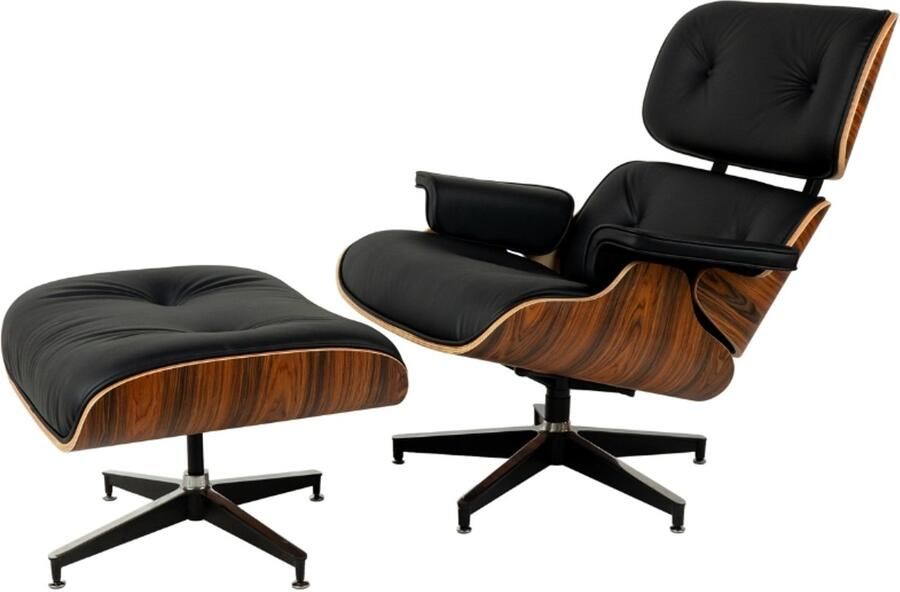 Meubilair Lounge Chair XXL + Ottoman Zwart Leer Palissander Loungestoel Relaxfauteuil PREMIUM - Foto 2