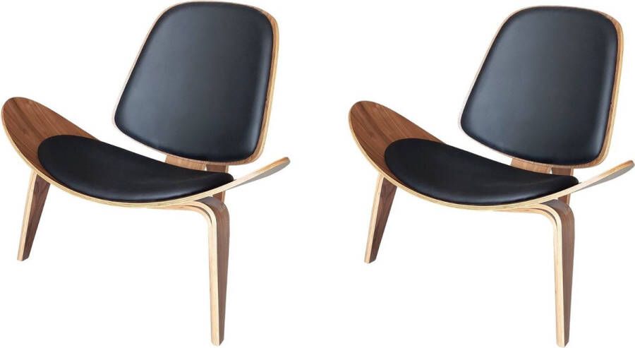 Meubilair Shell Chair Walnoot Zwart Leder CH07 Set van 2