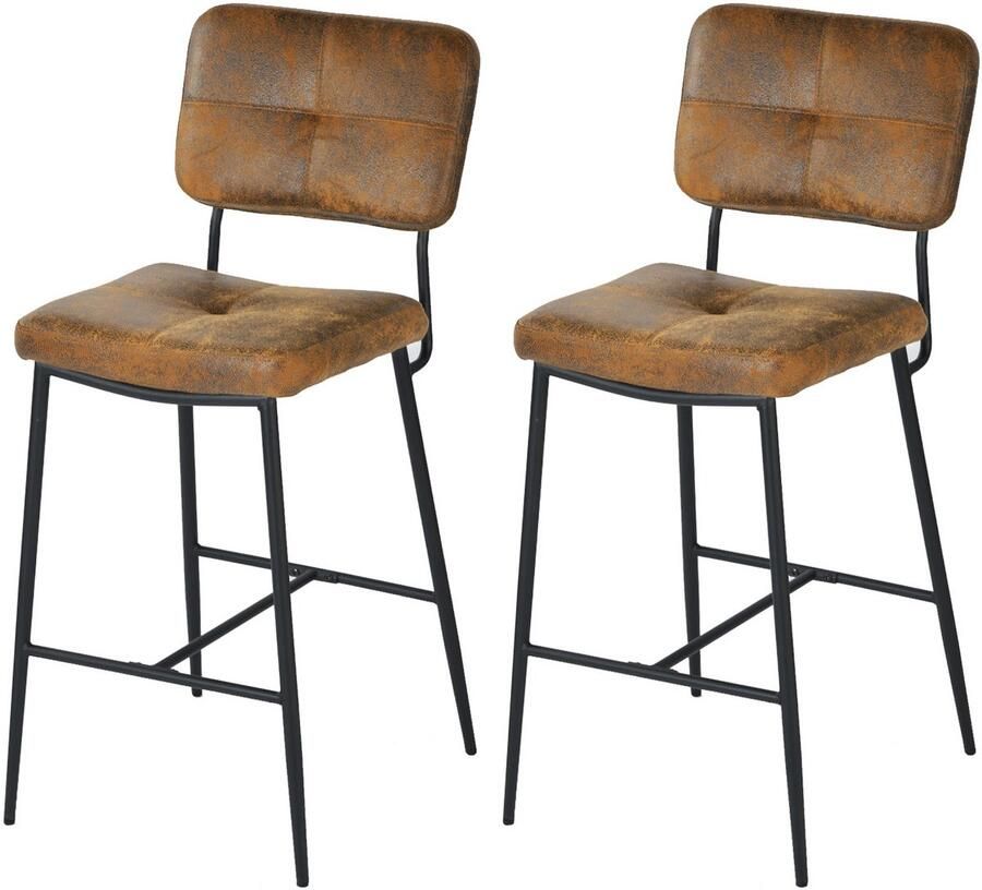 MEUBLE COSY Barstoel Set van 2 Vintage Bruin Kruk met rugleuning＆stabiel stalen frame Dik gevoerde Kunstleder