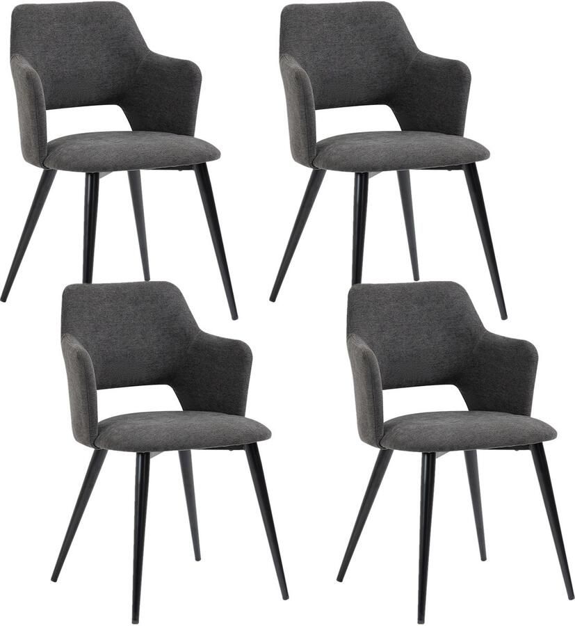 MEUBLE COSY Set van 4 eetkamerstoelen fauteuil met armleuningen gestoffeerde stoffen zitting metalen poten voor keuken woonkamer slaapkamer kantoor grijs