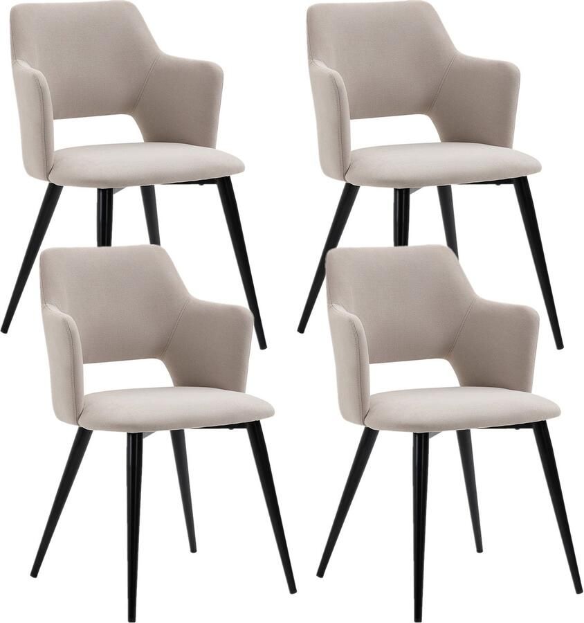 MEUBLE COSY Set van 4 eetkamerstoelen fauteuil met armleuningen gestoffeerde stoffen zitting metalen poten voor keuken woonkamer slaapkamer kantoor beige