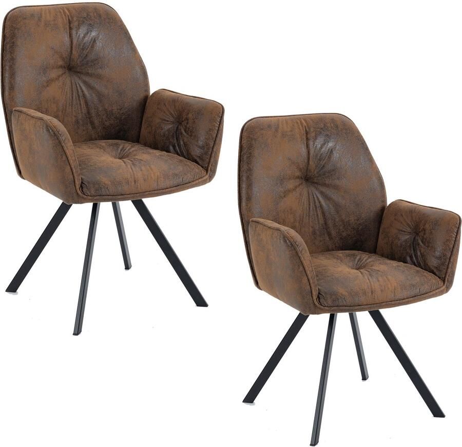 MEUBLE COSY Meubles Cosy – CALF – Set van 2 comfortabele eetkamerstoelen met armleuningen – Bruin – Suède microvezel – Vintage stijl