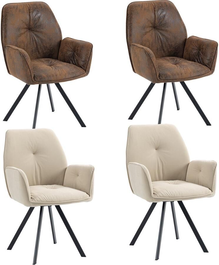 MEUBLE COSY Meubles Cosy – CALF – Set van 4 comfortabele eetkamerstoelen met armleuningen – Beige & Bruin – Fluwelen & Suède zitting