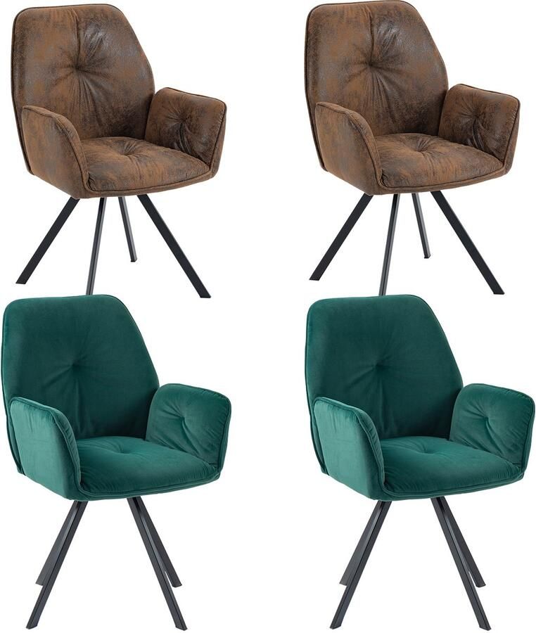 MEUBLE COSY Meubles Cosy – CALF – Set van 4 eetkamerstoelen met armleuningen – Groen & Bruin – Fluwelen & Suède zitting