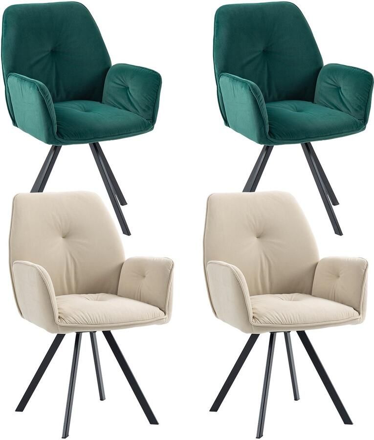MEUBLE COSY Meubles Cosy – CALF – Set van 4 industriële draaibare eetkamerstoelen met armleuningen – Beige & Groen – Fluwelen zitting