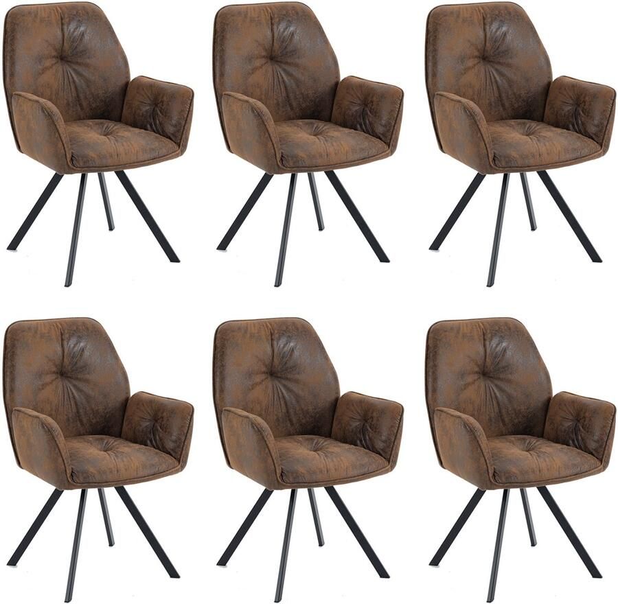 MEUBLE COSY Meubles Cosy – CALF – Set van 6 comfortabele eetkamerstoelen met armleuningen – Bruin – Suède microvezel – Vintage stijl