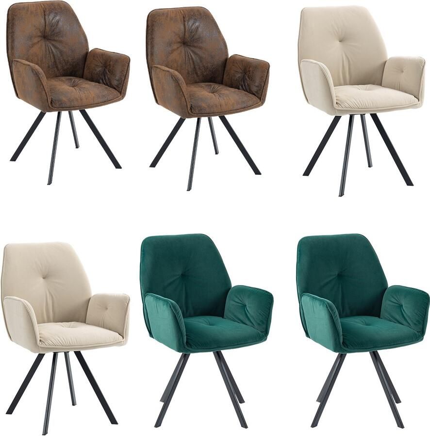 MEUBLE COSY Meubles Cosy – CALF – Set van 6 eetkamerstoelen met armleuningen – Beige Groen & Bruin – Fluwelen & Suède zitting