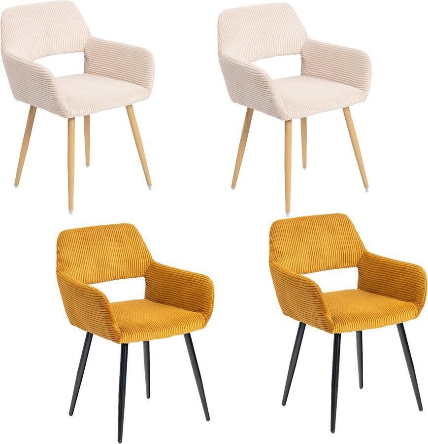 MEUBLE COSY Meubles Cosy – CROMWELL CORDUROY – Set van 4 eetkamerstoelen met armleuningen – Beige & Geel – Corduroy zitting