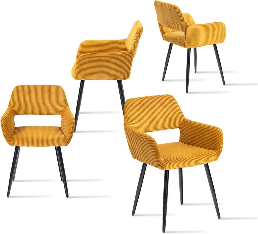 MEUBLE COSY Meubles Cosy – CROMWELL CORDUROY – Set van 4 eetkamerstoelen met armleuningen – Geel – Corduroy zitting