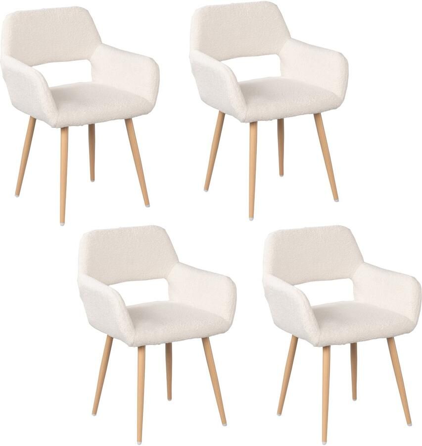 MEUBLE COSY Meubles Cosy – CROMWELL – Set van 4 Scandinavische eetkamerstoelen met armleuningen – Beige – Bouclé stoffen zitting