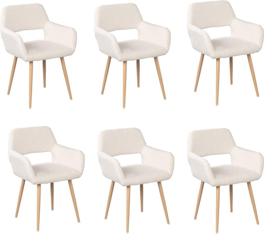 MEUBLE COSY Meubles Cosy – CROMWELL – Set van 6 Scandinavische eetkamerstoelen met armleuningen – Beige – Bouclé stoffen zitting