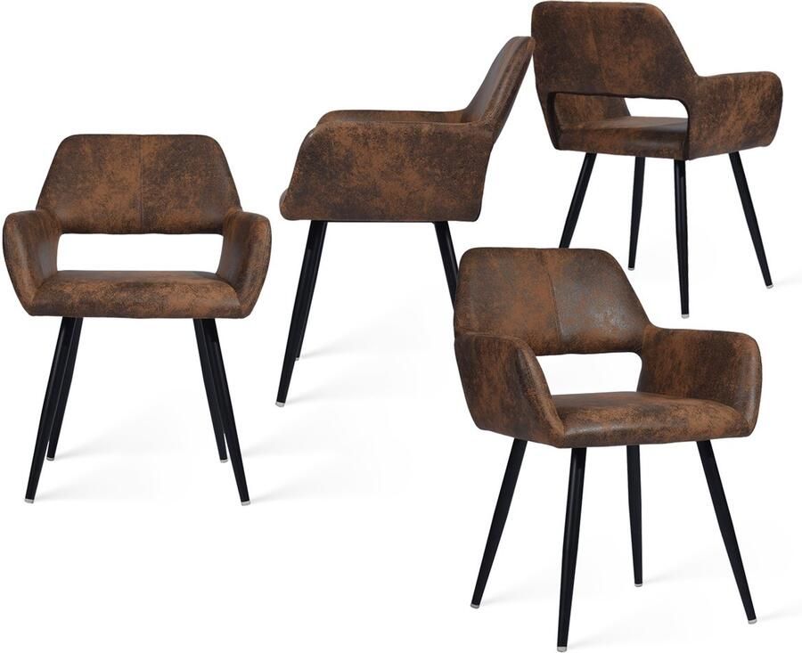 MEUBLE COSY Meubles COSY CROMWELL Eetkamerastoel- Set van 4- Koffie-Dik gevoerde Kunstleder Leer Stoel-Met armleuning-Vintage-met rugleuning- Keukenstoel Kuipstoel Woonkamerstoelen