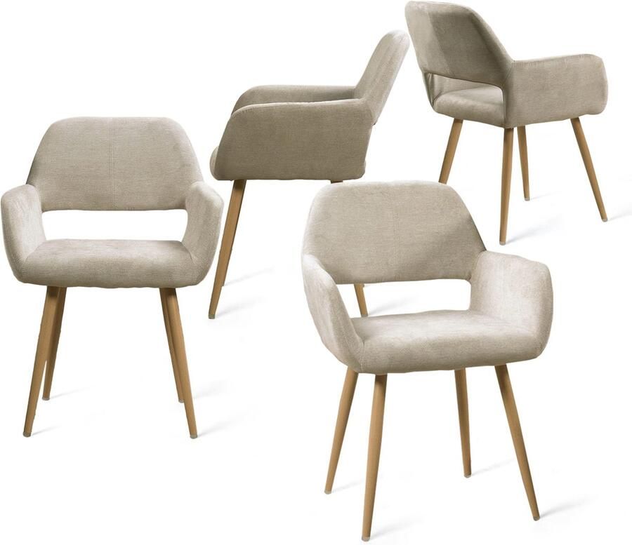 MEUBLE COSY Set van 4- Eetkamerstoelen- Armstoel stoffen bekleding- Zitting Imitatie Hout- Metalen Poten -voor Keuken Woonkamer Slaapkamer Kantoor- Beige- Gelegeerd Staal- 56x56x78cm