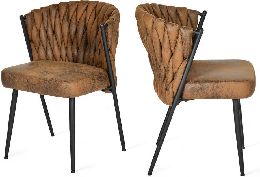 MEUBLE COSY Meubles Cosy – MILIANA – Set van 2 retro-vintage eetkamerstoelen met gevlochten rug – Bruine suédine