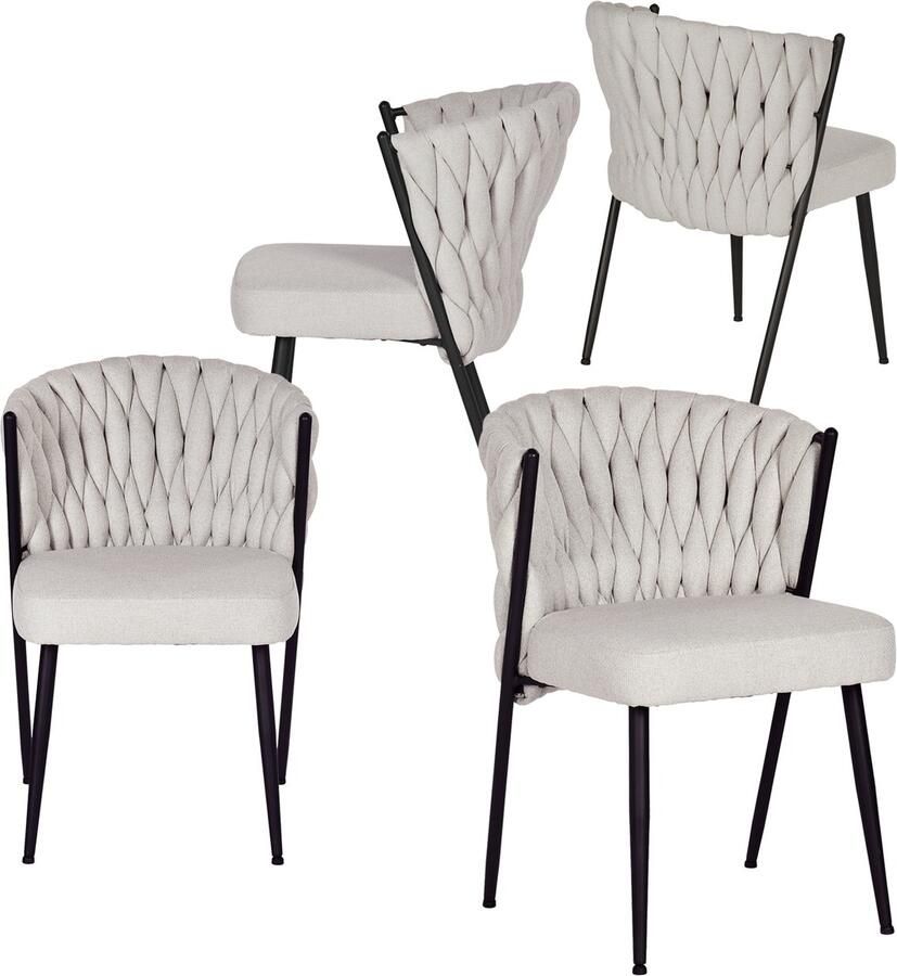 MEUBLE COSY Meubles Cosy – MILIANA – Set van 4 industriële eetkamerstoelen met gevlochten rug – Beige stof